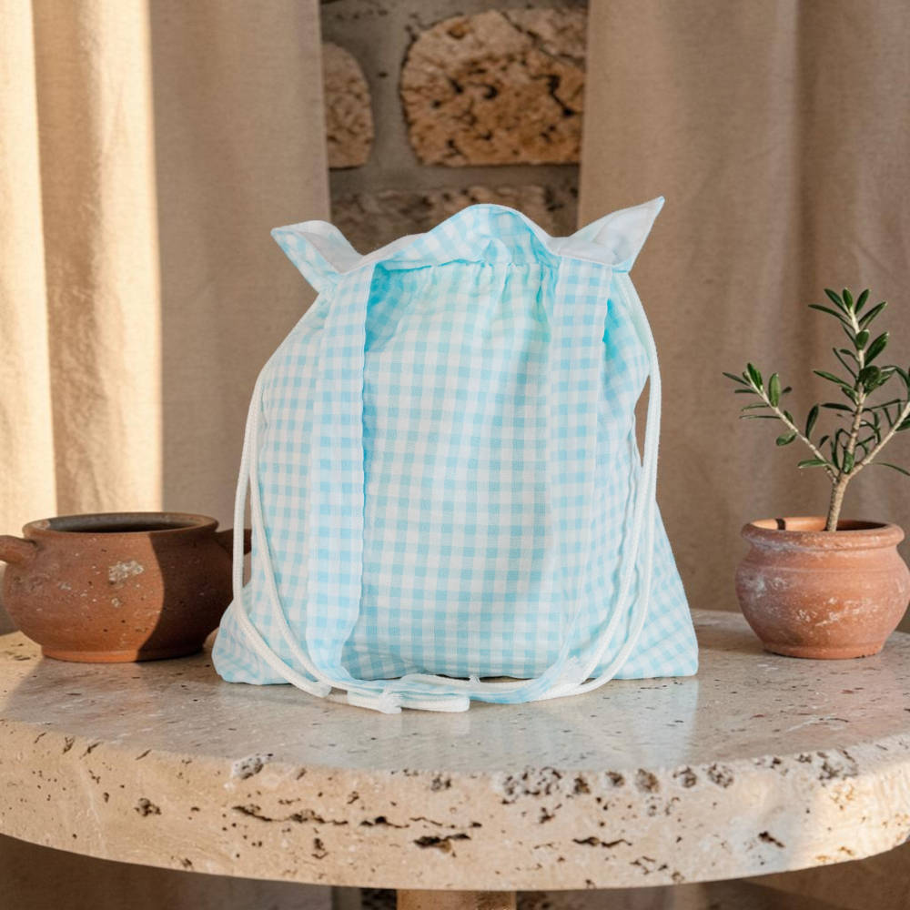 Tote bag vichy azul cielo y blanco con bolsillo interior 2